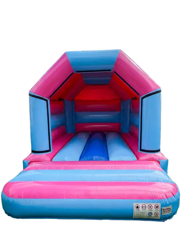 A modern bouncy castle with pastel pink and blue colors.